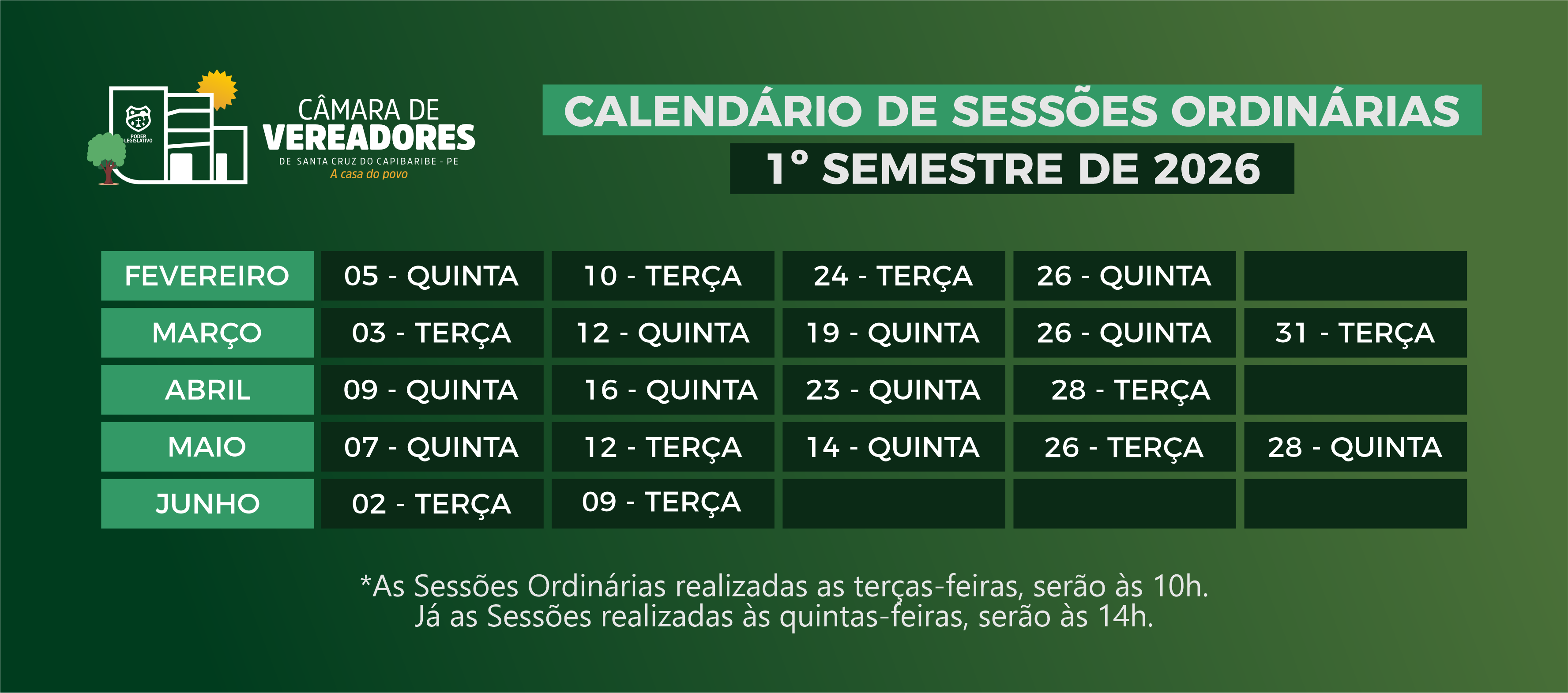 Câmara de Vereadores de Santa Cruz do Capibaribe divulga calendário semestral de Sessões Ordinárias